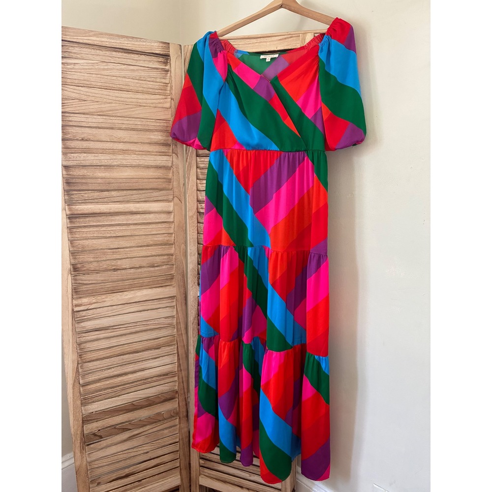 Skies Are Blue Multi Color Stripe Tiered Maxi Dress Short Puff Sleeve M Boho